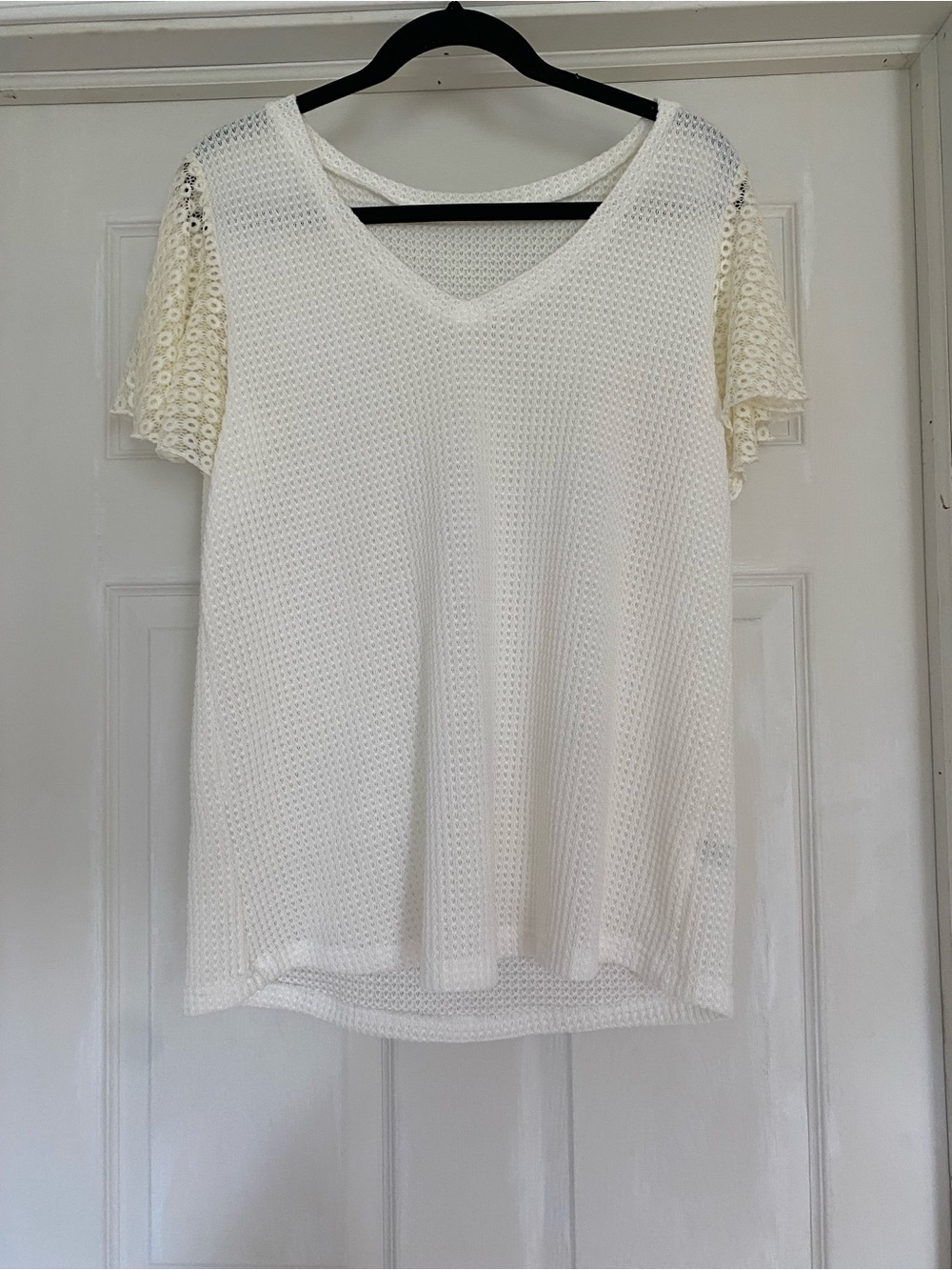 New Women's XL White Knit Waffle Lace Blouse Shirt Boho Lightweight Summer